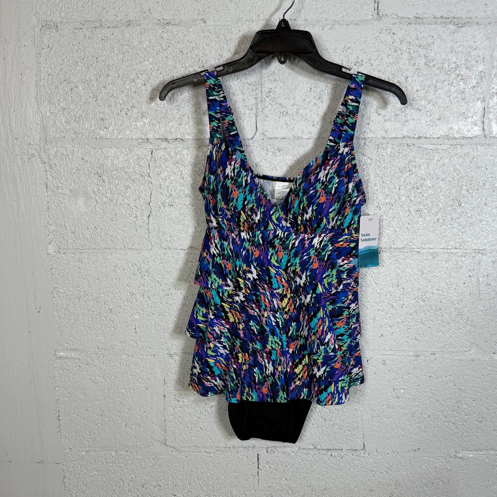 Swim Solutions Women's Printed Tiered Fauxkini 1pc swimsuit Rainbow Rain 8 $102 - Picture 3 of 10